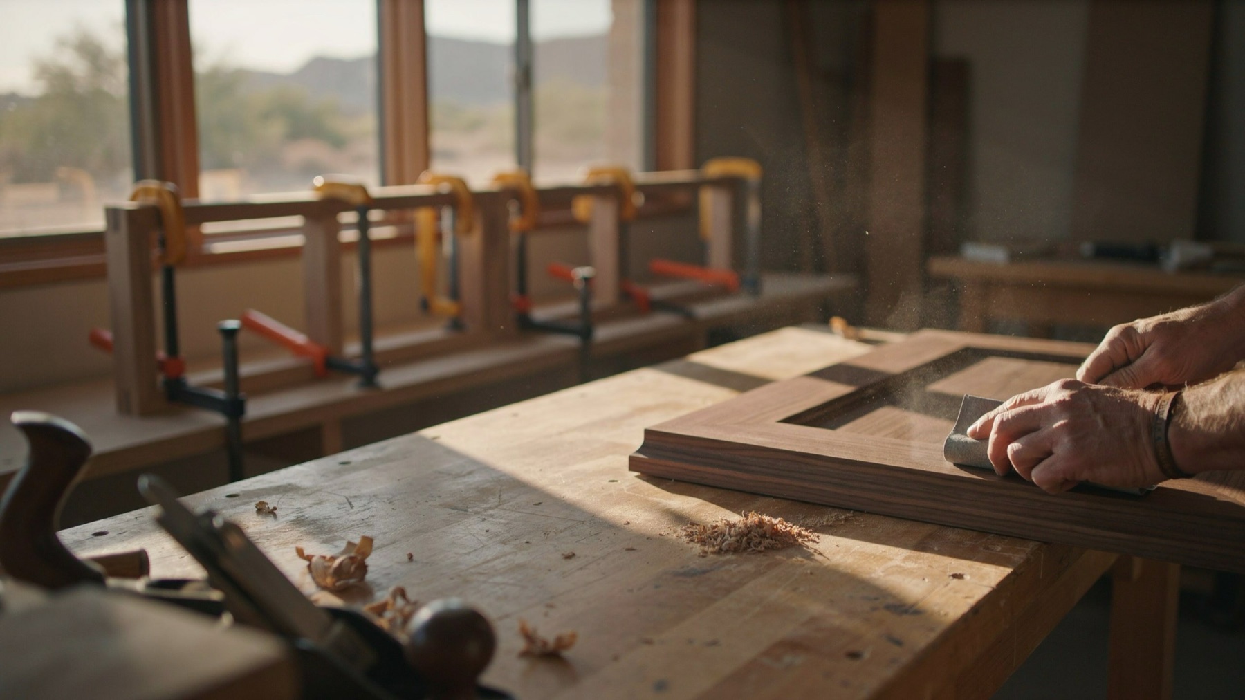 Craftsman sanding a custom cabinet door by hand in the Copper Canyon Phoenix workshop, warm morning light