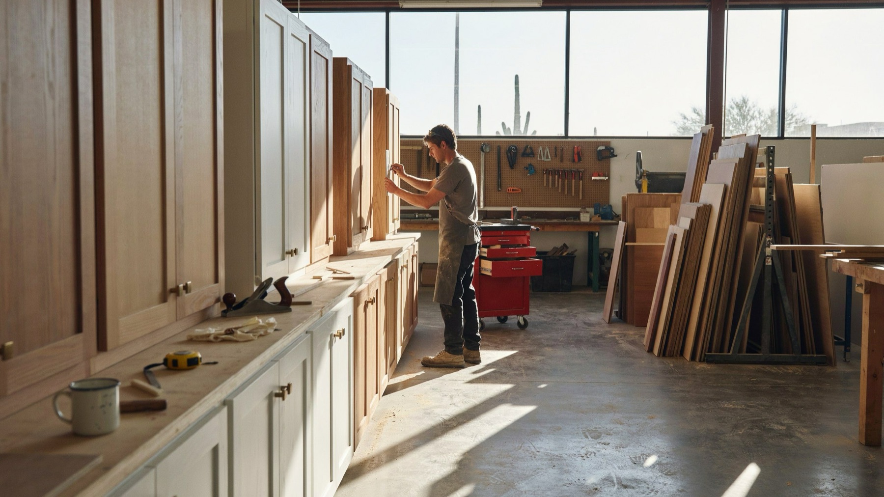Craftsman working in the Copper Canyon Phoenix workshop, with a saguaro cactus visible through the window